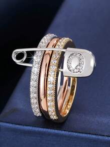 1 pezzo Anello da donna unico con design a 3 anelli e un singolo ago, decorato con zirconia cubica