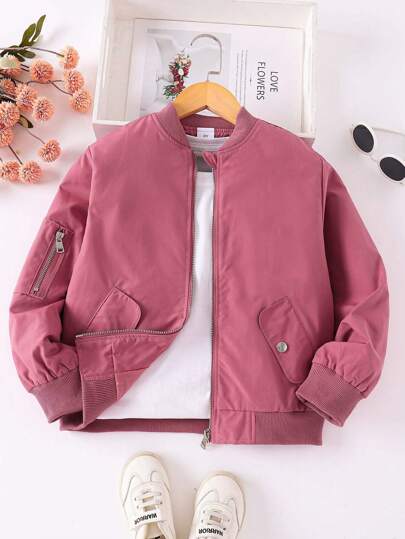 Girls' Fashionable Long Sleeve Round Neck Windbreaker Jacket, Casual Minimalist Outerwear For Older Tween Girl, Spring/Autumn