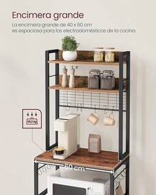 VASAGLE Estantería para Panadería con Toma de Corriente, Soporte de Microondas y Cocina, 40 x 60 x 170, Marrón Rústico y Negro MKKS037B01 - Marrón rústico, negro - Ver 3