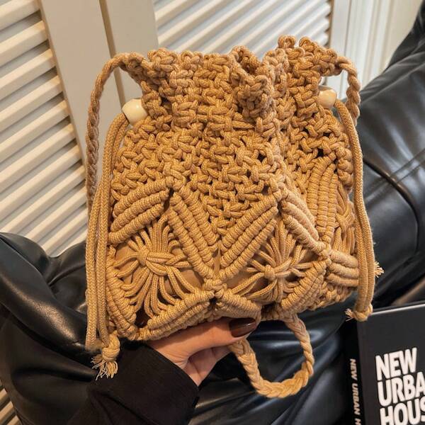 Sac seau tissé pour femme, petit sac à bandoulière en paille, , pour l'été, les voyages, les vacances, la plage (beige/marron/blanc)