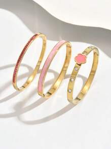 3pcs Fashion 18K Gold Plated Stainless Steel Four-Leaf Clover Nail Bracelet, Suitable For Women's Party, Daily Wear, European And American Style, Personalized, Generous, Luxury Cubic Zirconia Wristband, Wedding Jewelry Set, Gift For Girls, Women, Relatives, Friends, Beautiful Wedding, Birthday, Valentine's Day, Mom, Mother, Mother's Day, Gift