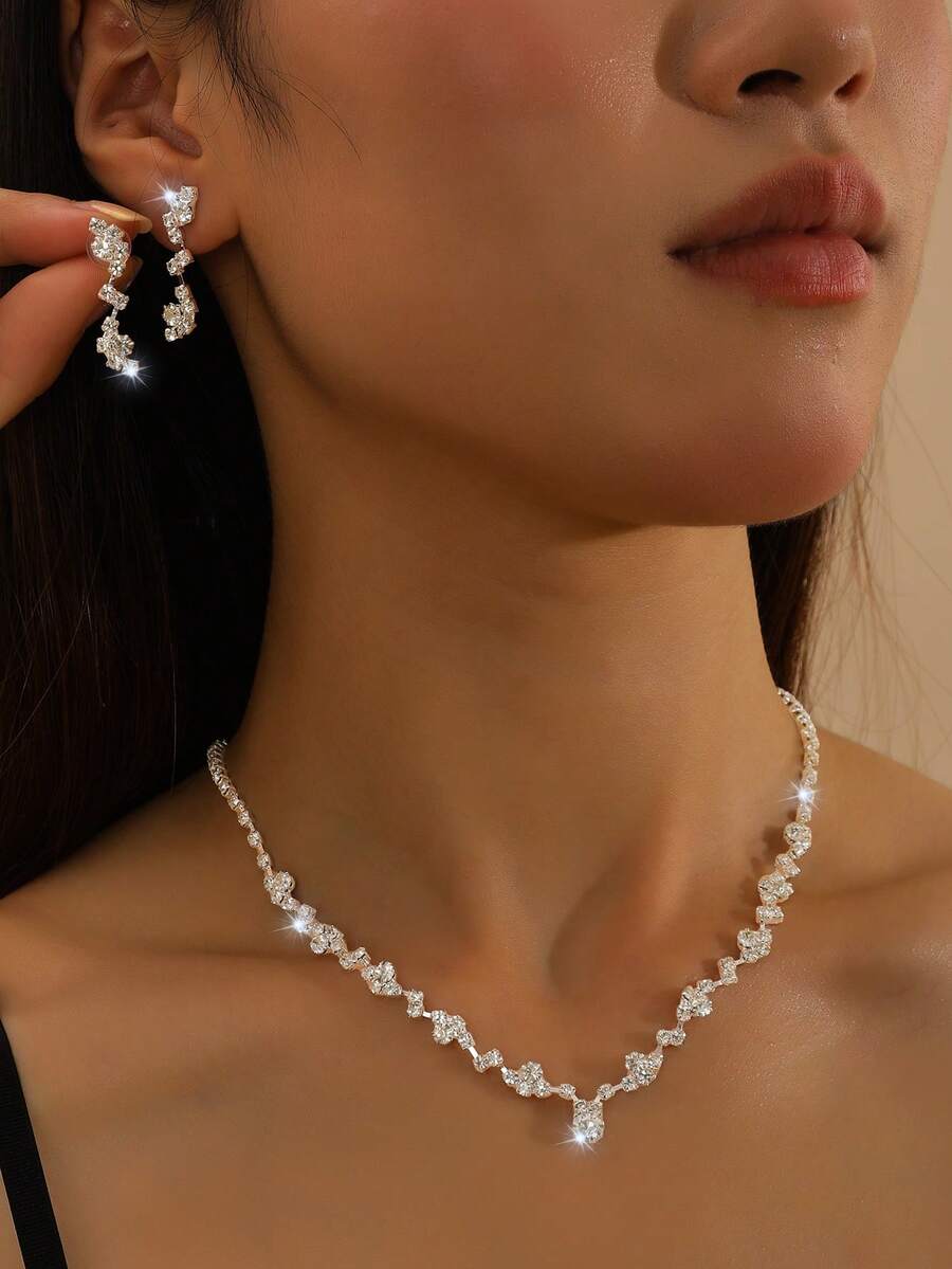 3pcs/Set Women Jewelry Necklace Earrings Set, Elegant Bridesmaid Accessories, Thanksgiving Gift Valentine's Day Accessories - Silver - View 1