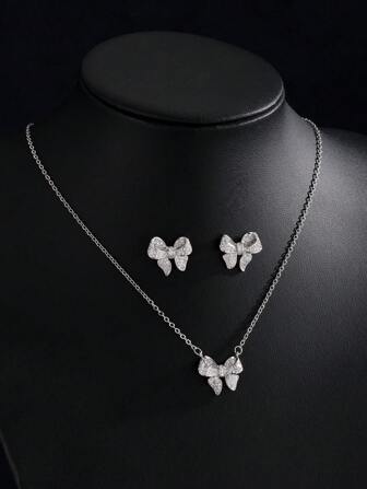 3pcs Set Rhinestone Bow Necklace And Earrings Jewelry Set, Suitable For Women's Everyday Wear
