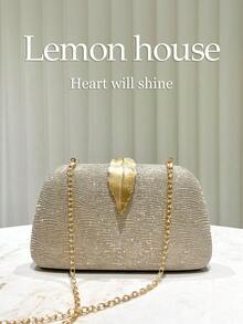 1 chiếc túi cầm tay thời trang màu vàng kim tuyến trang trí lá sọc thanh lịch, thích hợp cho tiệc tối, đám cưới, những dịp trang trọng - Vàng - Xem 2