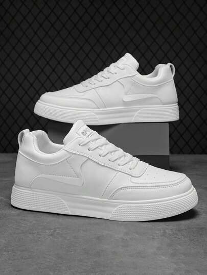 男士简约纯白拼接系带滑板鞋，夏季休闲小白鞋，时尚百搭日常通勤散步情侣运动鞋 [请订购大一码] 2000 年代风格情人节创意