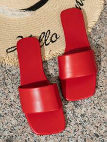 女士轻便纯色时尚红色镂空多功能平底凉鞋，适合海滩、度假、办公室、家居、所有季节，一脚蹬拖鞋