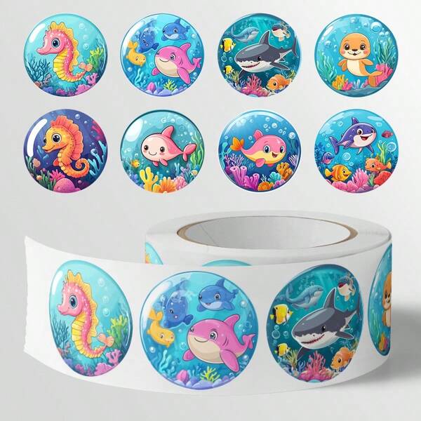 500 adesivos de animais marinhos/rolo, tamanho 2,5 cm/1,0 pol. Etiquetas de papel autoadesivas com animais marinhos para arte, artesanato, presentes, scrapbooking e decoração de papelaria.