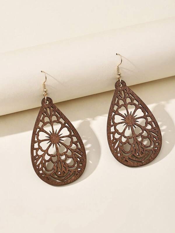 1 Pair Vintage Water Drop Geometric Carved Wooden Dangle Earrings