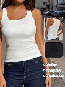 2 件套纯色休闲舒适简约无袖背心，涤纶罗纹常规版型背心，内置不可拆卸垫，夏季，健身