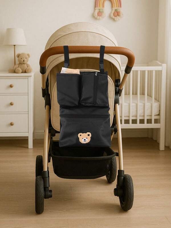 1pc Bear Shaped Baby Stroller Hanging Bag, Diaper Organizer Bag, Tissue/Wipe/Bottle/Formula Storage Bag, Multipurpose Bedside Crib Organizer Bag