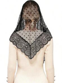 Wgior Triangle Vintage Inspired Lace Chapel Veils Catholic Mass Head Covering Scarf Mantilla Veils For Churchhalloween - 黑色 - 查看 4