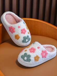 Girls Fluffy Lined Slippers, Warm Comfortable Home/Outdoor Wear Embroidered Closed Toe Slippers For Kids Toddlers, Autumn/Winter
