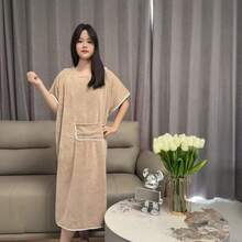 1pc Solid Color Hooded Robe Poncho, Minimalist Plush Hooded Bathrobes For Changing, Beach, Surfing, Swimming, Thickened Warm Adult Beach Poncho With Drawstring - Light Blue - View 3