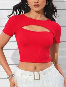 Blusa crop top dama mujer manga corta abertura frontal pecho cut out escote sensual entallado ajustado ceñido suave y2k cool aesthetic juvenil casual moderno verano diario dia noche primavera playa calor comodo fresco ligero - Rojo - Ver 3