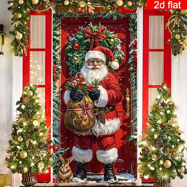 2D Door Valance, 2D Flat Valance, 1Set Of Christmas Curtain - Polyester Santa Claus Delivering Gift Decoration, Energetic Holiday Entrance Decor Valance, Multipurpose Hanging New Year Winter Party Supplies
