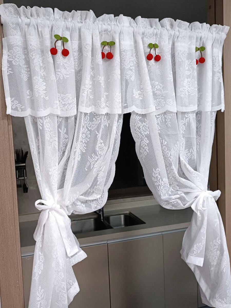 1 Stück weißer Spitzen-Vanance-Vorhang, ohne Bohren, geeignet für Küche, Schlafzimmer, Fensterbank, transparenter Vorhang im Prinzessinnen-Stil (4 Kirschdekorationen enthalten, Krawatte nicht enthalten)