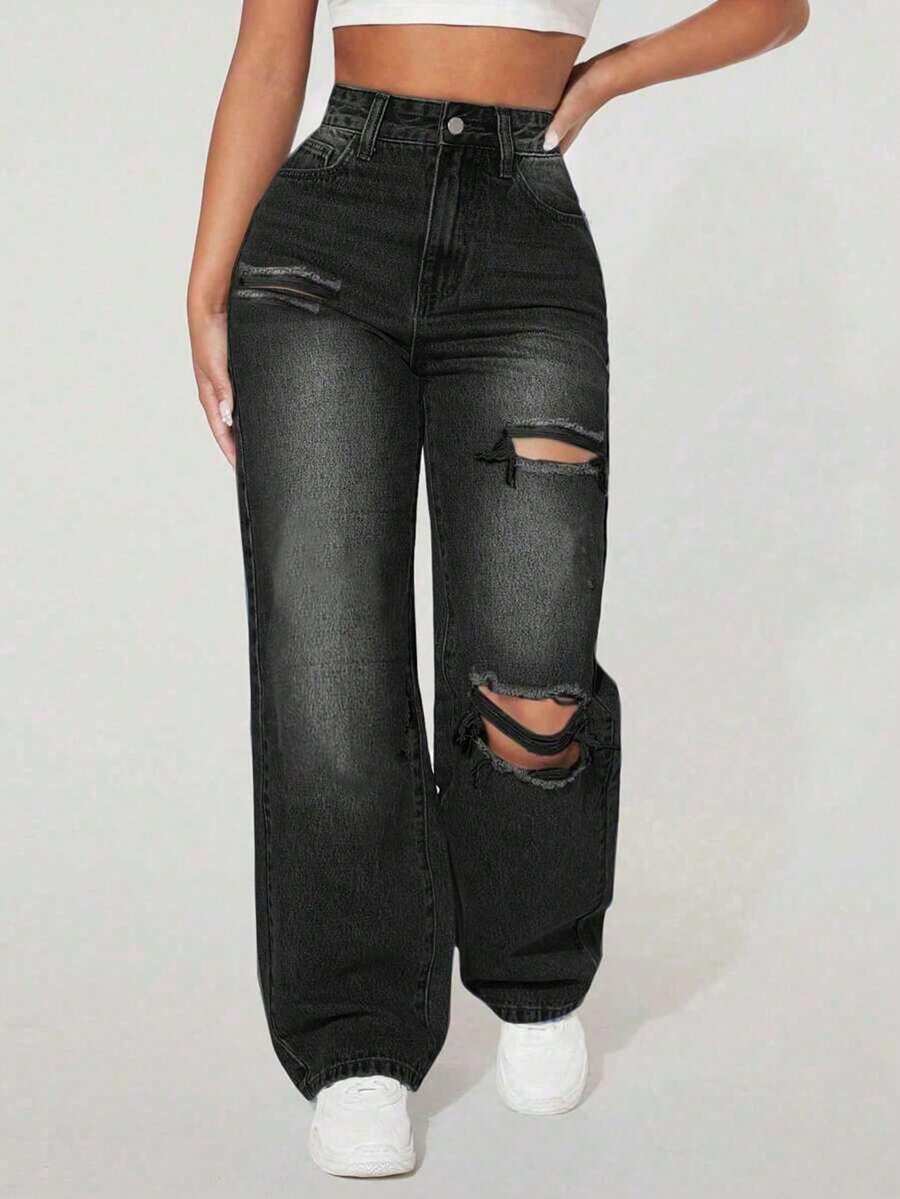 Calça jeans casual folgada com bolso desgastado e perna larga para meninas adolescentes - Preto - Ver 1