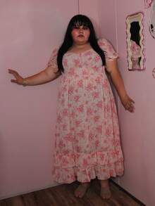 Enliva 加大码波西米亚风夏季浪漫雪纺花卉印花连衣裙，带褶边和下摆，女装 - 粉色 - 查看 5