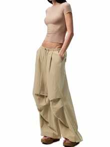 轻盈夏季宽松褶裥阔腿哈伦裤，做旧水洗效果，女士休闲日常穿着 - 卡其色 - 查看 2