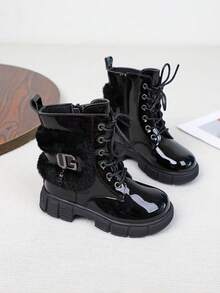 女童时尚金属吊坠防滑踝靴，黑色 - 黑色 - 查看 7