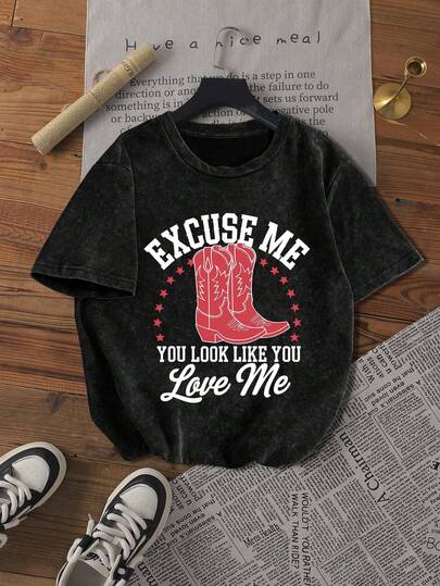 女式夏季西部牛仔靴图案印花圆领短袖简约休闲日常黑色大码水洗T恤上衣