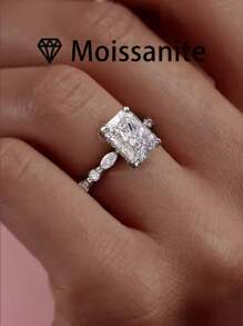 1 件女士结婚戒指，简约矩形女士戒指，2 克 S925 纯银，2 克拉莫桑石，波西米亚皇家风格，订婚/婚礼/周年纪念/情人节礼物，附有莫桑石证书和精美礼品盒