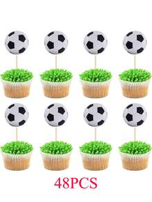 24/48 件足球纸杯蛋糕装饰，黑白足球纸杯蛋糕牙签装饰，充满活力的运动主题装饰，适用于生日蛋糕运动主题派对用品 - 彩色 - 查看 4