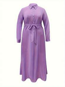 Large Size Solid Color Button Lapel Shift Dress - Màu tím - Xem 3