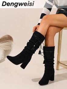 Black Pleated Drawstring Tassel Mid-Calf Boots, High Chunky Heel Round Toe, Versatile Elegant Boots For Holiday, Music Festival, Commute, Vacation - Black - View 2