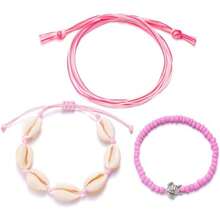3Pcs Colorful Summer Beach String Wave Bracelets For Women Adjustable Handmade Braided Surfer Ankle Bracelet Boho Sea Shell Turtle Braided Rope Jewelry - Hồng - Xem 1