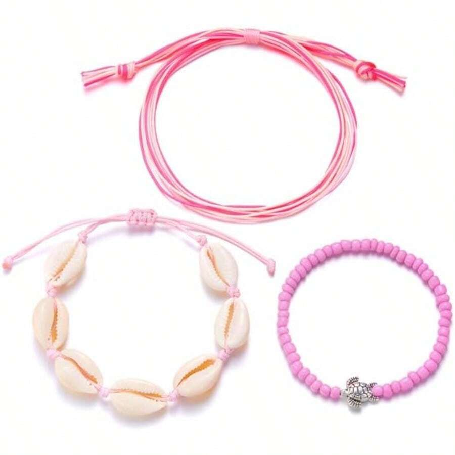 3Pcs Colorful Summer Beach String Wave Bracelets For Women Adjustable Handmade Braided Surfer Ankle Bracelet Boho Sea Shell Turtle Braided Rope Jewelry - Hồng - Xem 1