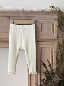 Newborn Baby Girls Solid Color Lace Trim Elastic Leggings, Spring/Autumn - Beige - View 5