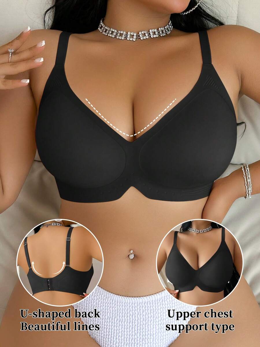 Plus Size Women's Jelly Strap Soft Support Bra, Wireless Padded Push Up Bra - Black - View 1