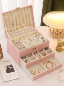三层大容量珠宝收纳盒，便携式珠宝收纳盒，梳妆台带抽屉珠宝收纳盒，礼品皮革珠宝盒，精美展示包装收纳容器返校