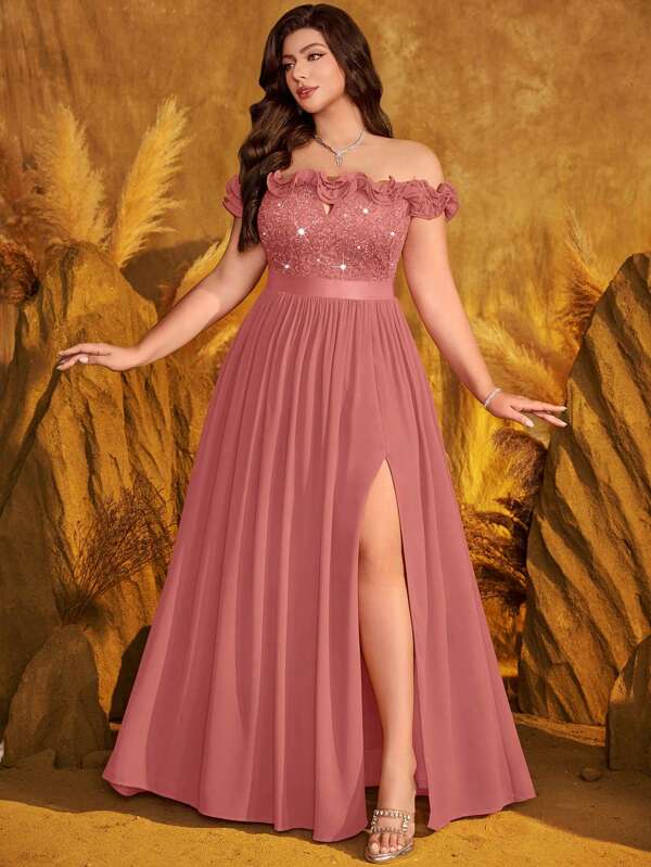 Vestido de fiesta elegante de gasa con cuello en forma de ojo de cerradura, hombros descubiertos, encaje con lentejuelas y adorno floral tridimensional, abertura en el muslo, para fiestas formales, graduación, boda, cumpleaños y eventos formales