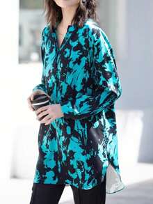 Women's Elegant Slimming Ink Print Shirt, Concealing Belly High-End Blouse, Long Sleeve Mid-Length Covering Buttocks, All-Over Print Woven Fabric, Front Button Closure, Suitable For Daily Wear In Spring, Summer, Autumn