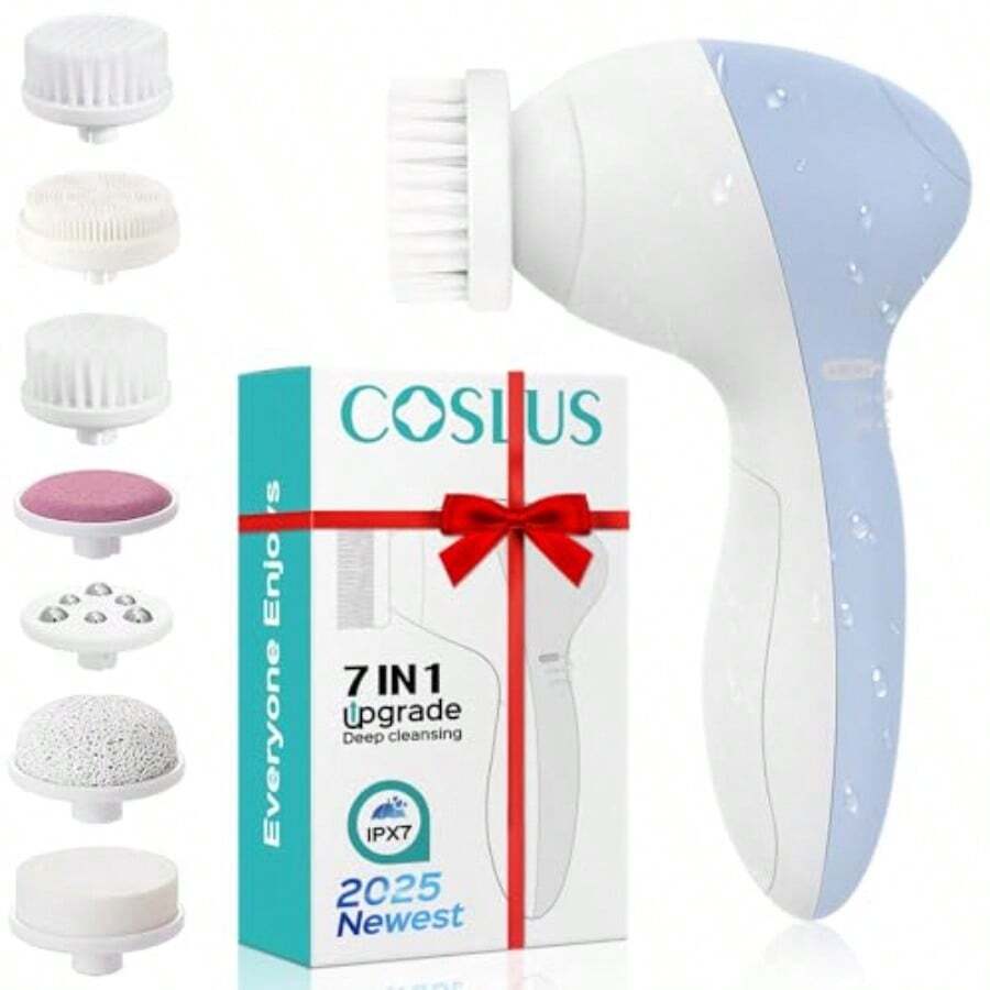 FjcCOSLUS Facial Cleansing Brush Silicone Face Scrubber: 7 In 1 FBSD Electric Exfoliating Rotating Massage Device Waterproof Deep Cleaning Exfoliation Spa Machine Electronic Skin Care Wash Systemyq - 淺藍色 - 查看 1