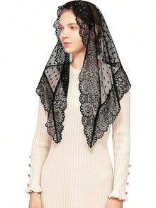 Wgior Triangle Vintage Inspired Lace Chapel Veils Catholic Mass Head Covering Scarf Mantilla Veils For Churchhalloween - 黑色 - 查看 8