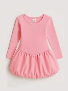 1pc Spring/Autumn New Girls Dress, Girls Round Neck Long Sleeve Pink Dress, Teenage Fitted Comfortable Warm Childrenswear, Girls Casual Daily Soft Skin-Friendly Clothing - Pink - View 1