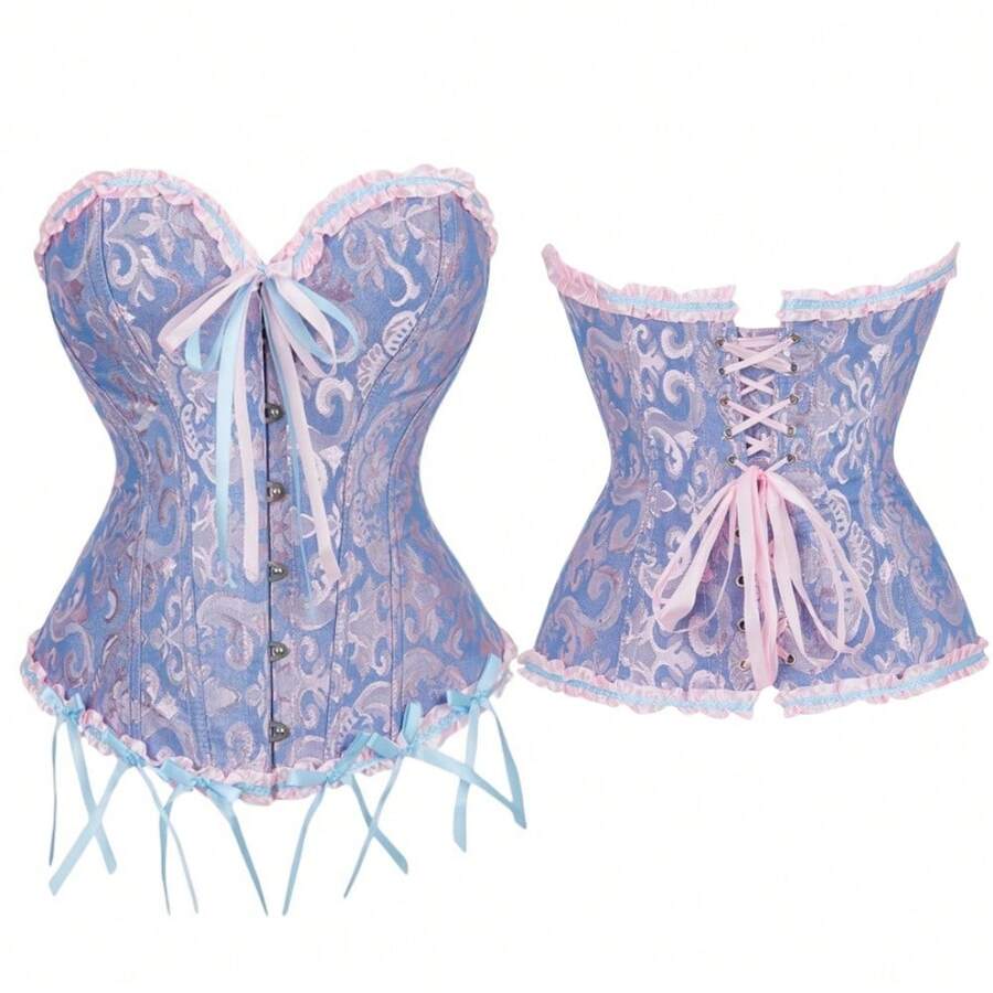 1 件女式系带腰上衣，优雅修身紧身衬衫，背部可调节，适合万圣节 - 藍色 - 查看 1