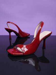 1双红色加大码时尚高跟凉鞋，适合青少年女孩，闪亮镜面PU弹力带方头细高跟优雅坡跟罗马凉鞋，适合日常休闲、派对、旅行、2025春夏款（此款尺码偏大一码） - 紅色 - 查看 5