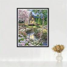 1 pieza Kit de pintura de diamantes DIY, paisaje de río y cabaña, decoración de pared para el hogar, bordado de diamantes de taladro completo, disponible en varios tamaños