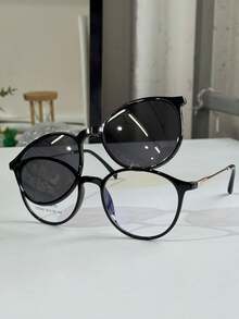 Women's Clip-On 2 In 1 Round Small Size Polarized Lens Eyeglasses Frame PZ948 - Black - View 2