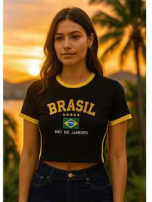 BabyLook Short Women's Embroidered Brazil Shirt - Black - View 1