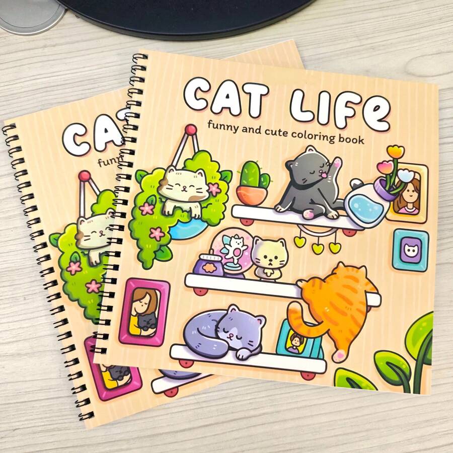 32頁[ CAT LIFE ]螺旋裝訂塗色書 Coco 成人與青少年適用，精緻厚紙，卡通舒適可愛粗線簡約圖案 Wyo 塗色書 水彩素描本 兒童玩具，緩解壓力、消磨時間，節日禮物 - 貓的生活 - 查看 1