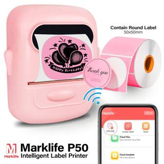  Máquina etiquetadora Bluetooth Marklife P50 Pro con cinta (1 rollo/3 rollos), impresora de etiquetas inalámbrica, aplicación versátil con 100 fuentes y talla grande de 1000 iconos, etiquetadora sin tinta para organización del hogar, cocina, escuela y oficina, color blanco