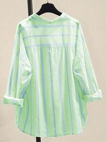 Women's Striped Casual Commuter Elegant Striped Button Down Shirt, Long Sleeve Blouse, Spring And Summer - Green - View 4