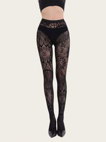 1 Peça Meia-calça de Rede Elástica Sólida de Plus Size com Estampa de Girassol, Meia-calça de Malha Vazada Fashionável e Sexy para Fantasias de Halloween