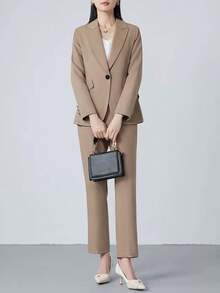 Women's Casual Business Commute Mandarin Collar Single-Breasted Slim Fit Long Sleeve Blazer And Straight Pants Set, Autumn/Winter