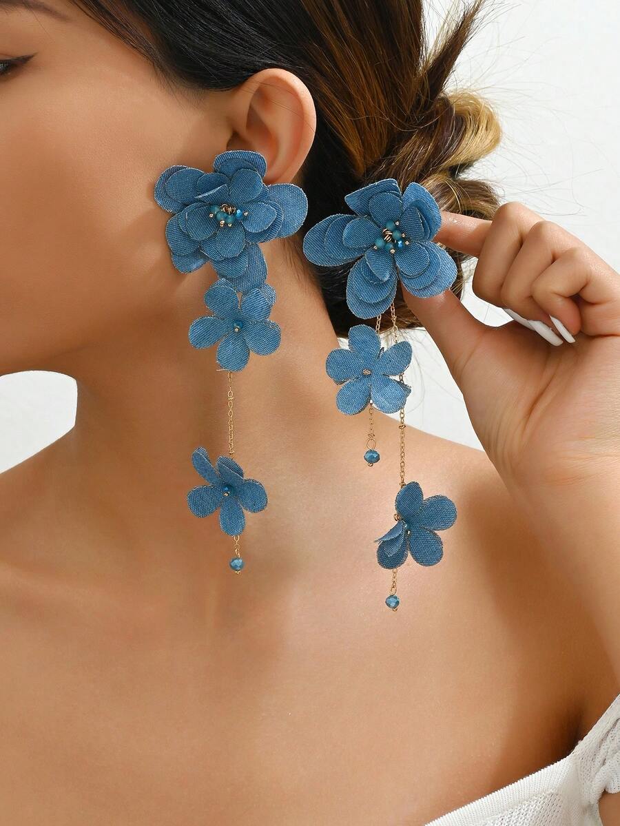 1 Đôi bông tai dài màu xanh vải hoa thanh lịch dành cho nữ, thích hợp đeo hàng ngày (Màu hạt ngẫu nhiên) - Màu xanh 430 - Xem 1